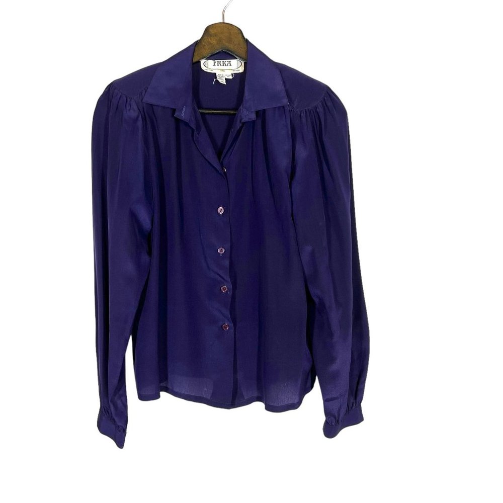 Vintage 90s Dark Purple Button Up Long Sleeve Silk Top Medium